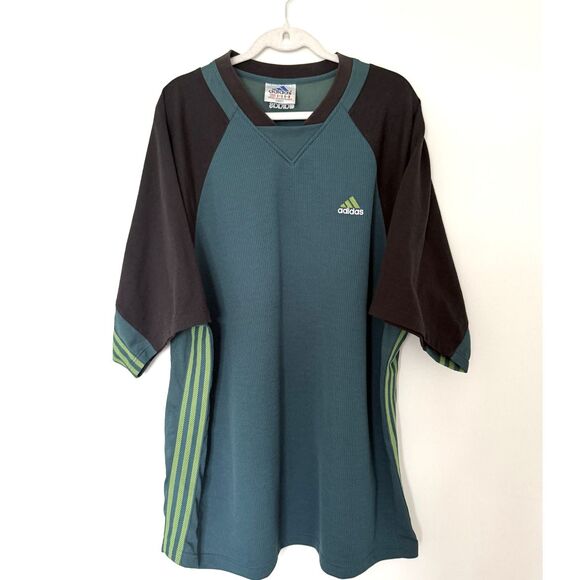 VTG Adidas Y2K 3-Stripe Green & Black V-Neck Short Sleeve Jersey Shirt Sz XXL - Picture 1 of 8